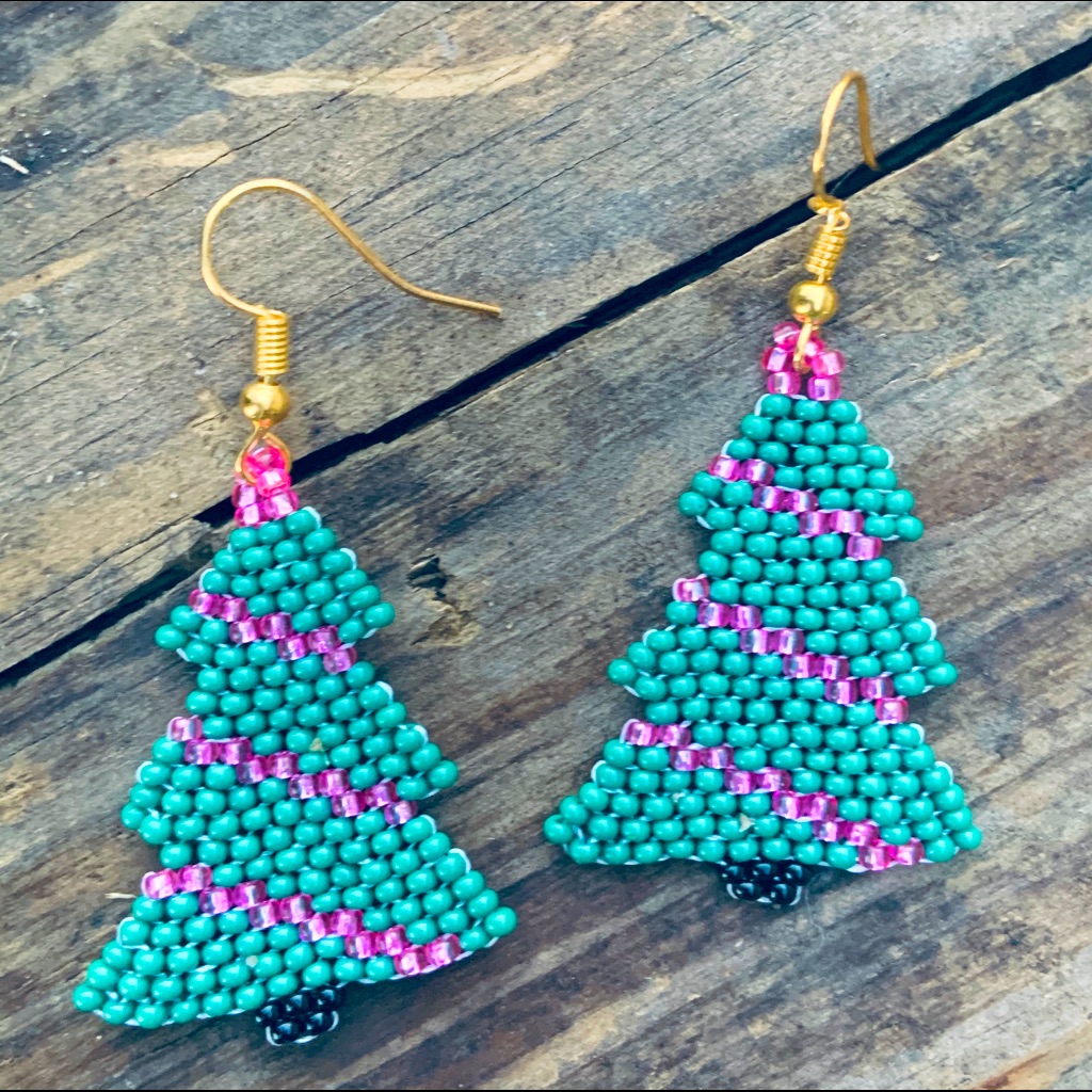 Beautiful Christmas Tree Earrings Huichol Art